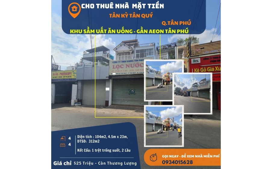 Cho thuê nhà mặt tiền Tân Kỳ Tân Quý 104m2, 2Lầu+ST, 25Triệu - Gần AEON